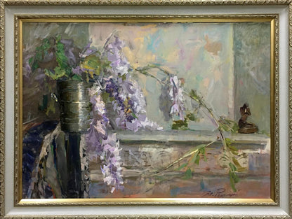Oil painting Lilac Ryman by Evgeny Nikolaevich: silver vase with purple wisteria