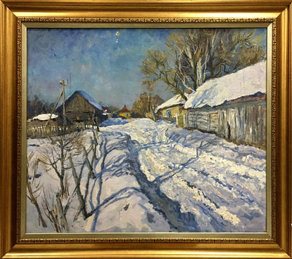 Framed oil painting of snow-covered village by Zvyagintsev Rostislav Mikhailovich