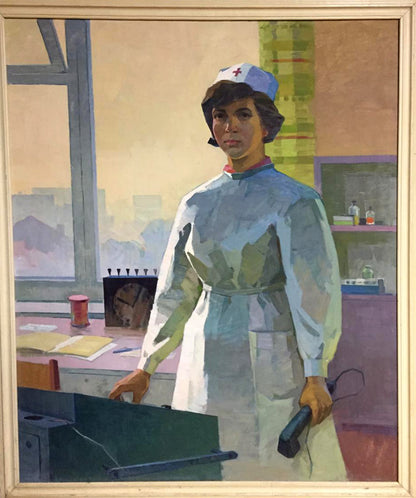 Social realism oil painting At the Post by Mozok Valery Leontievich, nurse in blue uniform