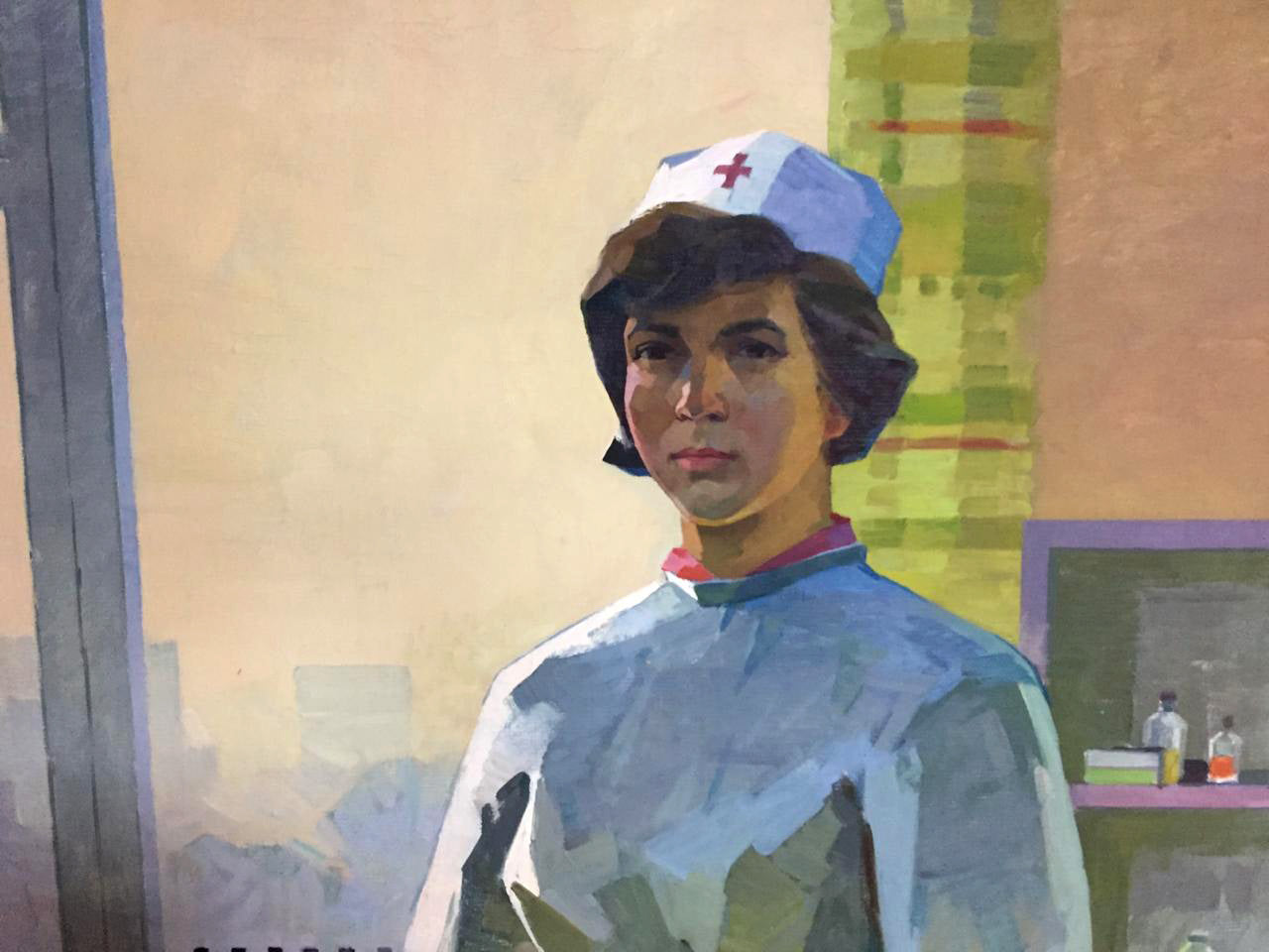 Social realism oil painting of nurse in white cap and blue uniform by Mozok Valery Leontievich