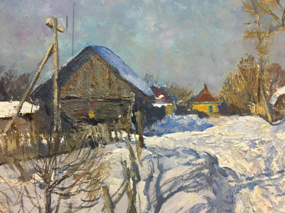 Oil painting of snowy village by Zvyagintsev Rostislav Mikhailovich