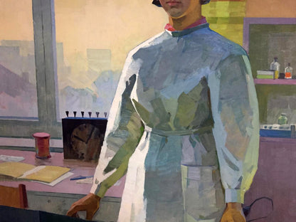 Woman in light blue lab coat, social realism oil painting by Mozok Valery Leontievich