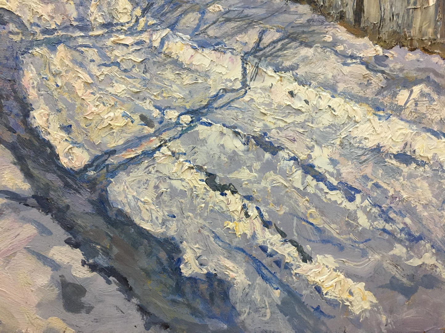 Textured impasto oil painting of snow-covered village on rocky cliff by Zvyagintsev Rostislav Mikhailovich