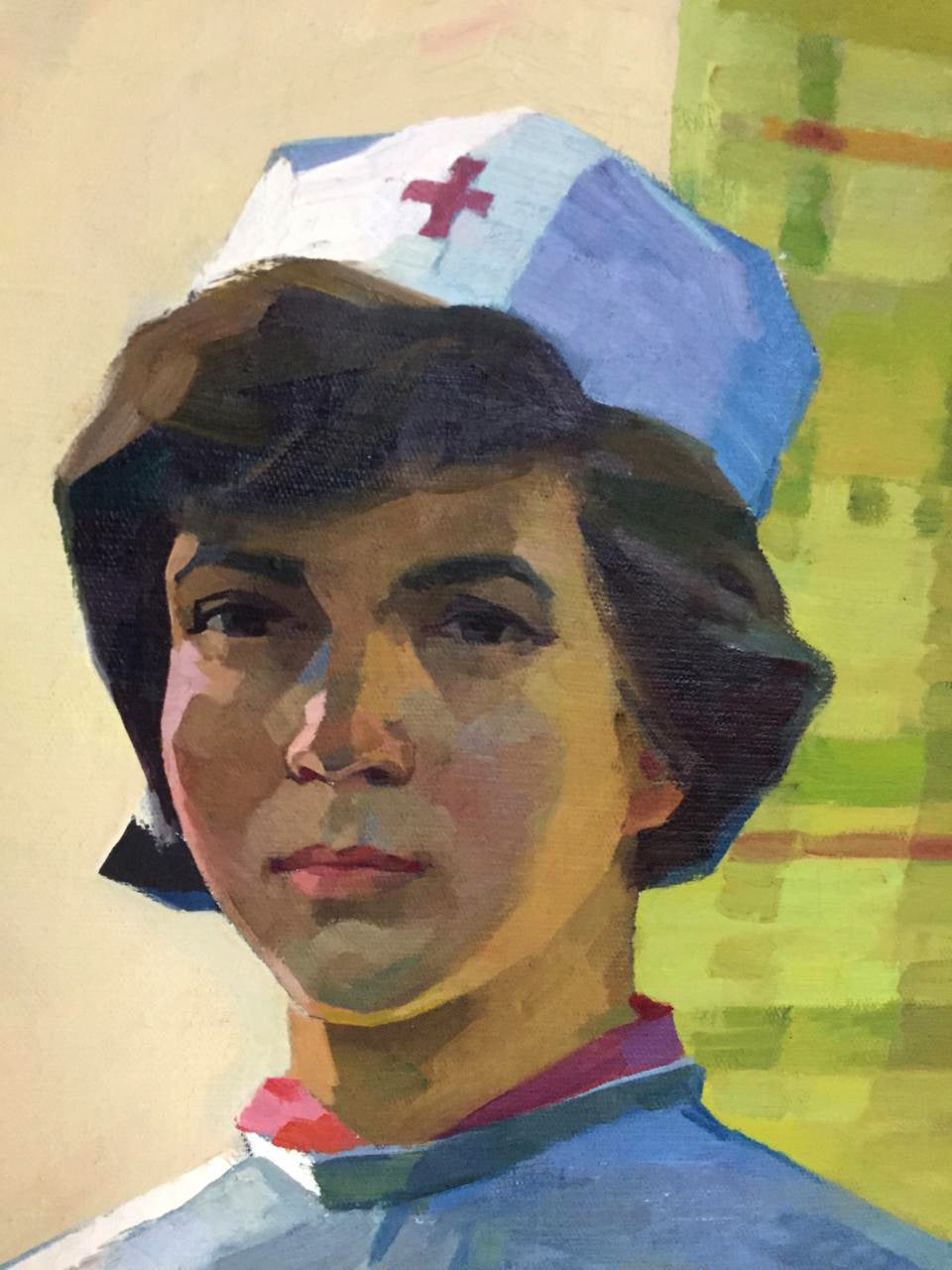 Social realism oil painting of nurse in blue white cap with red cross by Mozok Valery Leontievich