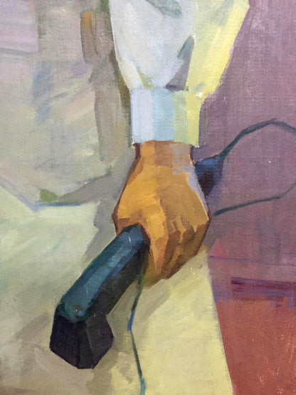 Hand gripping black telephone receiver in Mozok Valery Leontievich oil painting