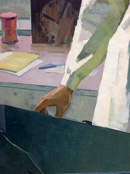 Hand with green sleeve in Mozok Valery Leontievich social realism oil painting