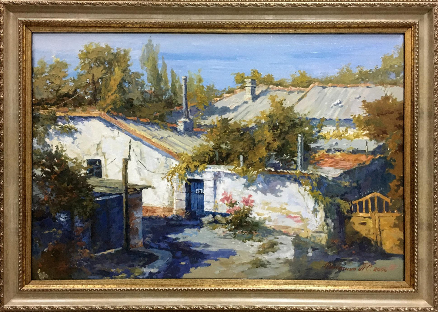Oil painting The Yard by Semenenko P.S. in frame, sunlit rural scene