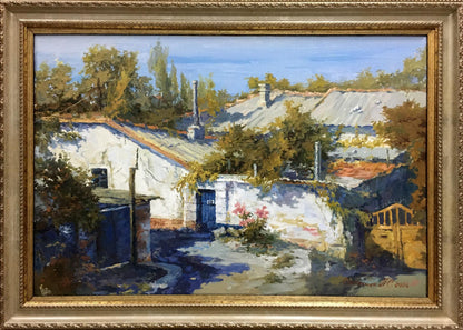 Oil painting The Yard by Semenenko P.S. in frame, sunlit rural scene