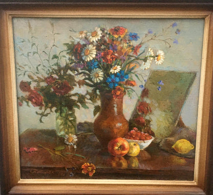 Oil painting Autumn still life by Pivtorak Sergey: rustic vase with wildflowers