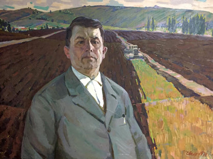 Social realism portrait by Chvala Dmitry Andreevich: man in gray suit before farm field