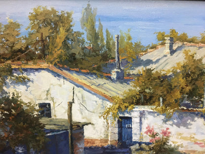 Sunlit oil painting The Yard by Semenenko P.S.: white house, blue door, trees