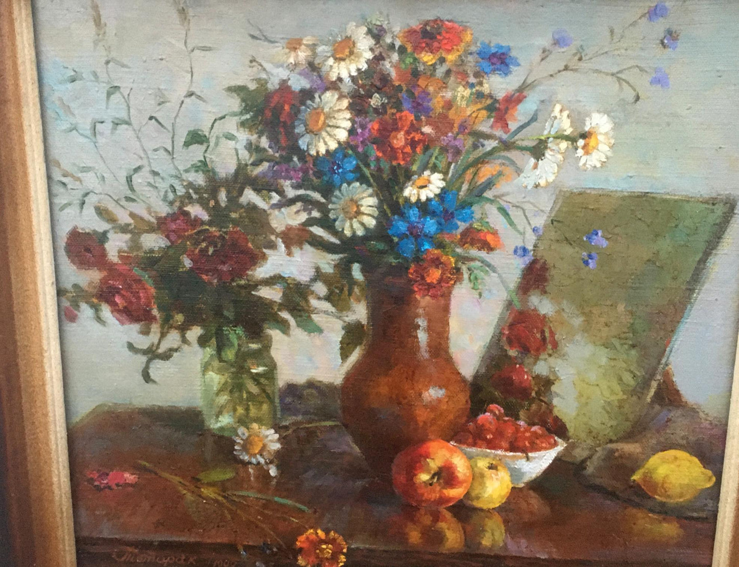 Oil painting of autumn still life with wildflowers in terracotta vase by Pivtorak Sergey