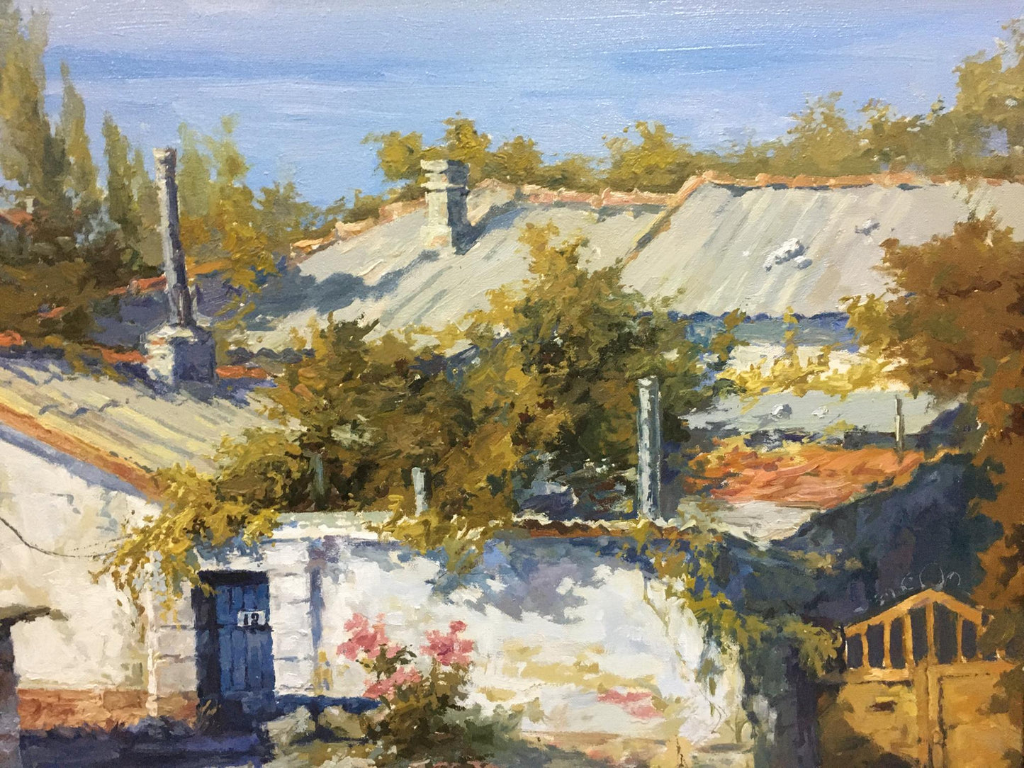 Serene oil painting The Yard by Semenenko P.S. sunlit village scene