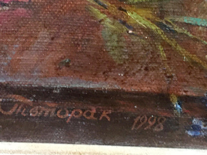 Back of signed oil painting Autumn still life by Pivtorak Sergey, chomodar 1998