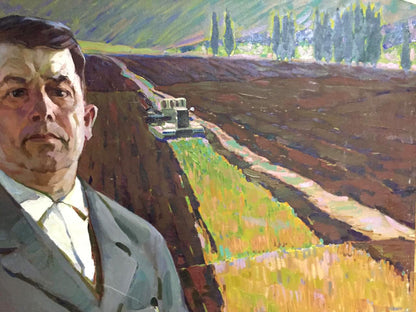 Social realism oil painting by Chvala Dmitry Andreevich: man in gray suit before tractor field