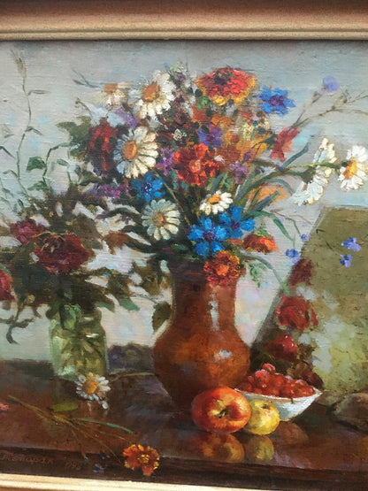 Oil painting of vibrant wildflower bouquet in rustic vase by Pivtorak Sergey