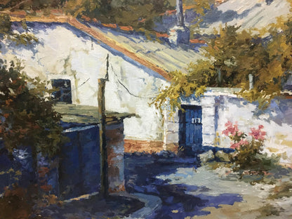 Oil painting The Yard by Semenenko P.S.: rustic cottage with orange roof