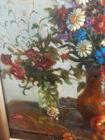Oil painting Autumn still life by Pivtorak Sergey: vibrant red white blue bouquet