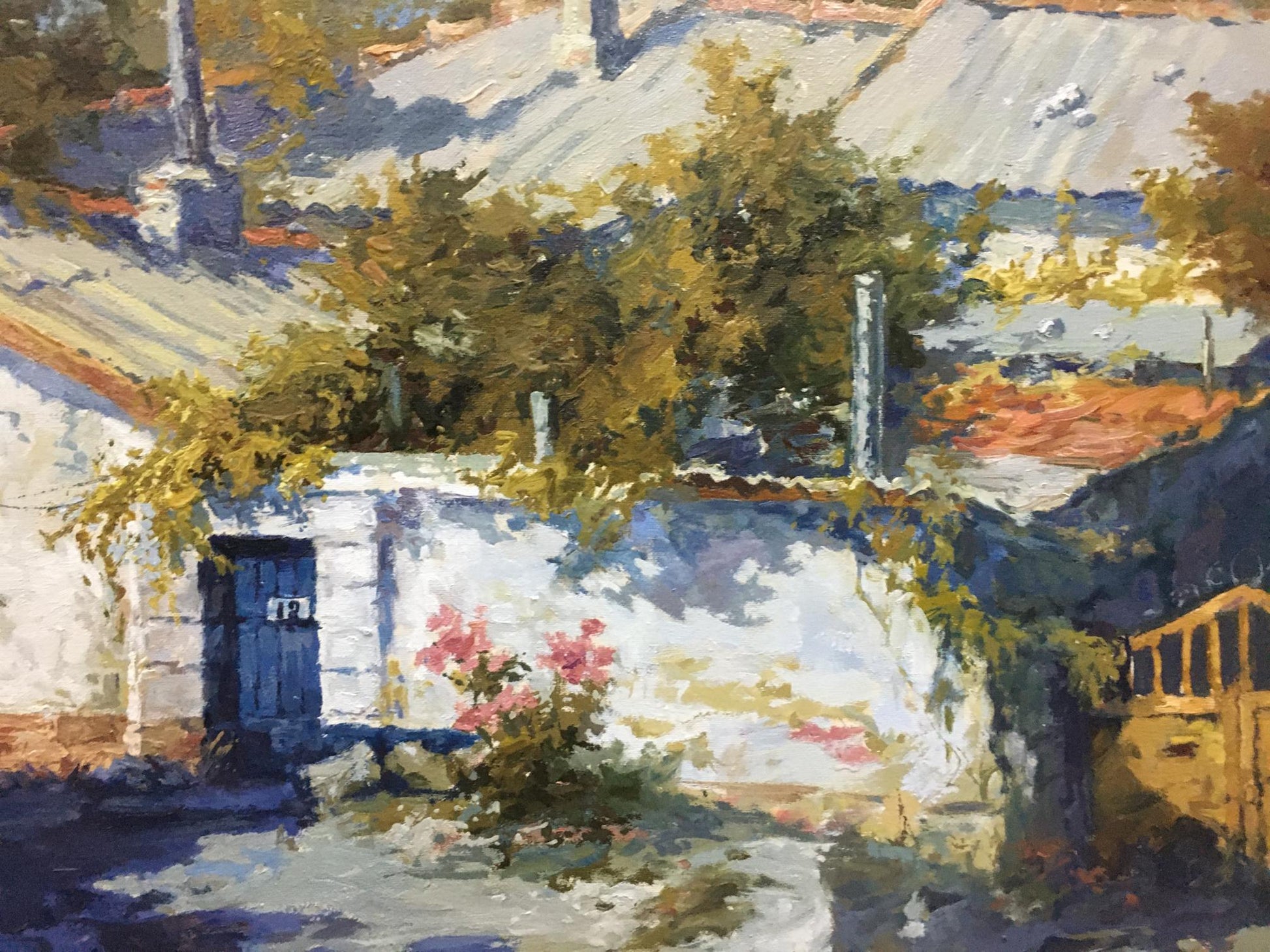 Oil painting The Yard by Semenenko P.S.: white stone wall, blue door, pink flowers