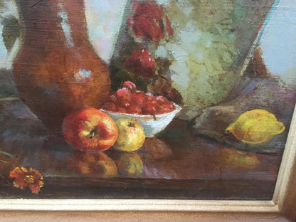 Oil painting Autumn still life by Pivtorak Sergey: rustic pitcher and cherries