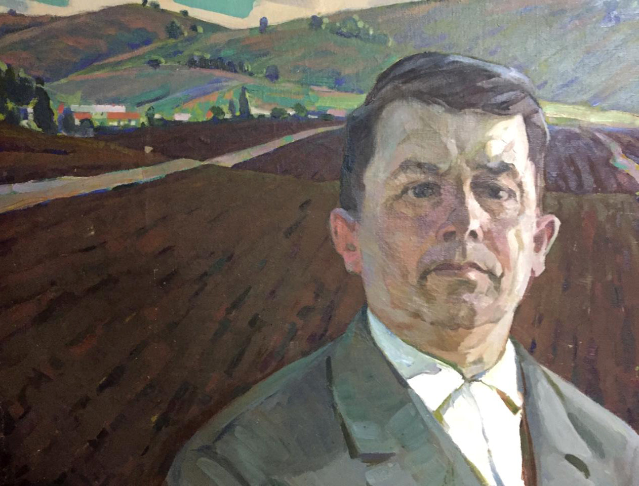 Social realism oil portrait of man in gray suit by Chvala Dmitry Andreevich
