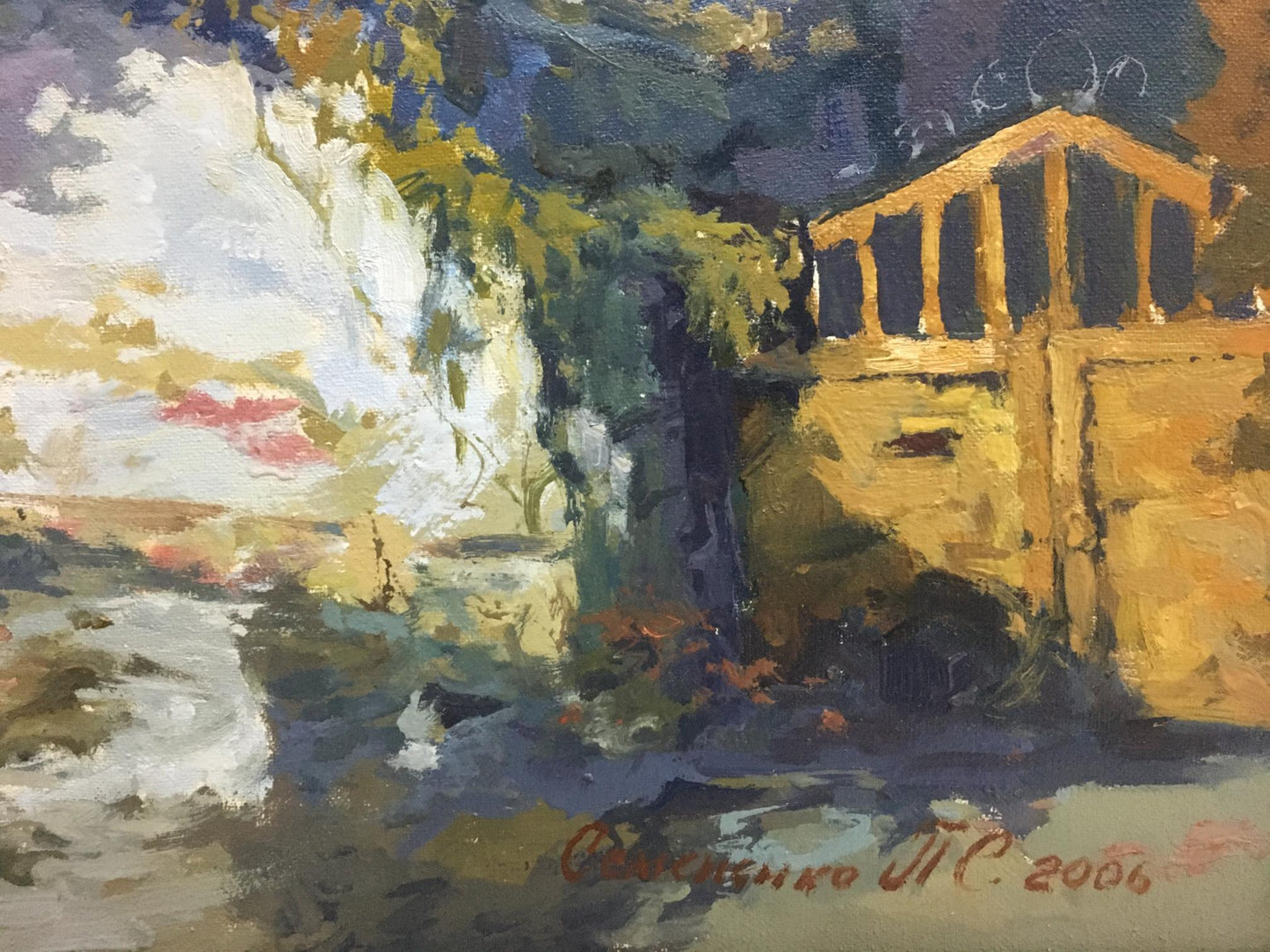 Oil painting The Yard by Semenenko P.S.: rustic wooden bridge in golden tones