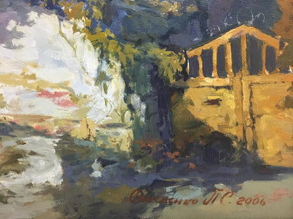 Oil painting The Yard by Semenenko P.S.: rustic wooden bridge in golden tones