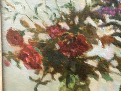 Oil painting Autumn still life Pivtorak Sergey with red roses and green leaves