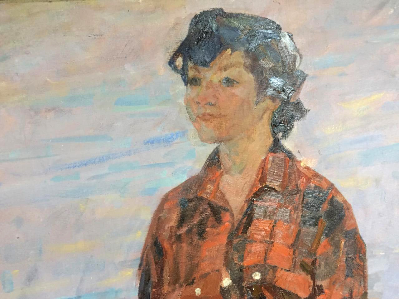 Social realism oil painting of young person by Babkova Alexandra Andreevna