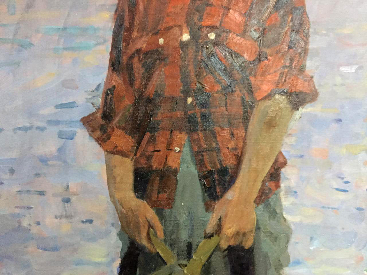 Red black plaid shirt with white buttons in Babkova Alexandra Andreevna tourist oil painting