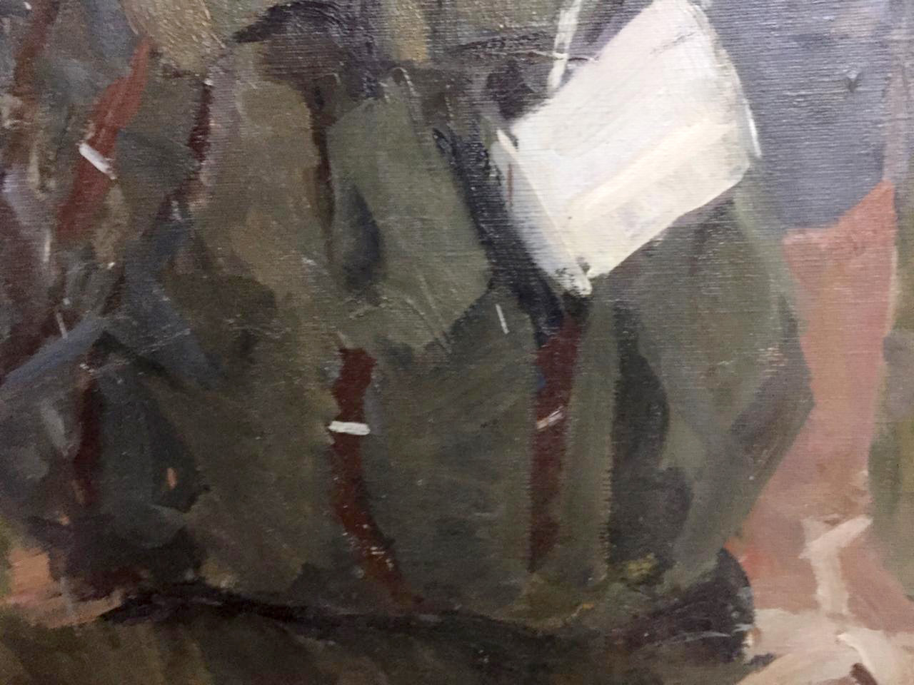 Social realism oil painting by Tourist Babkova Alexandra Andreevna, textured canvas in olive green, gray and red stripes