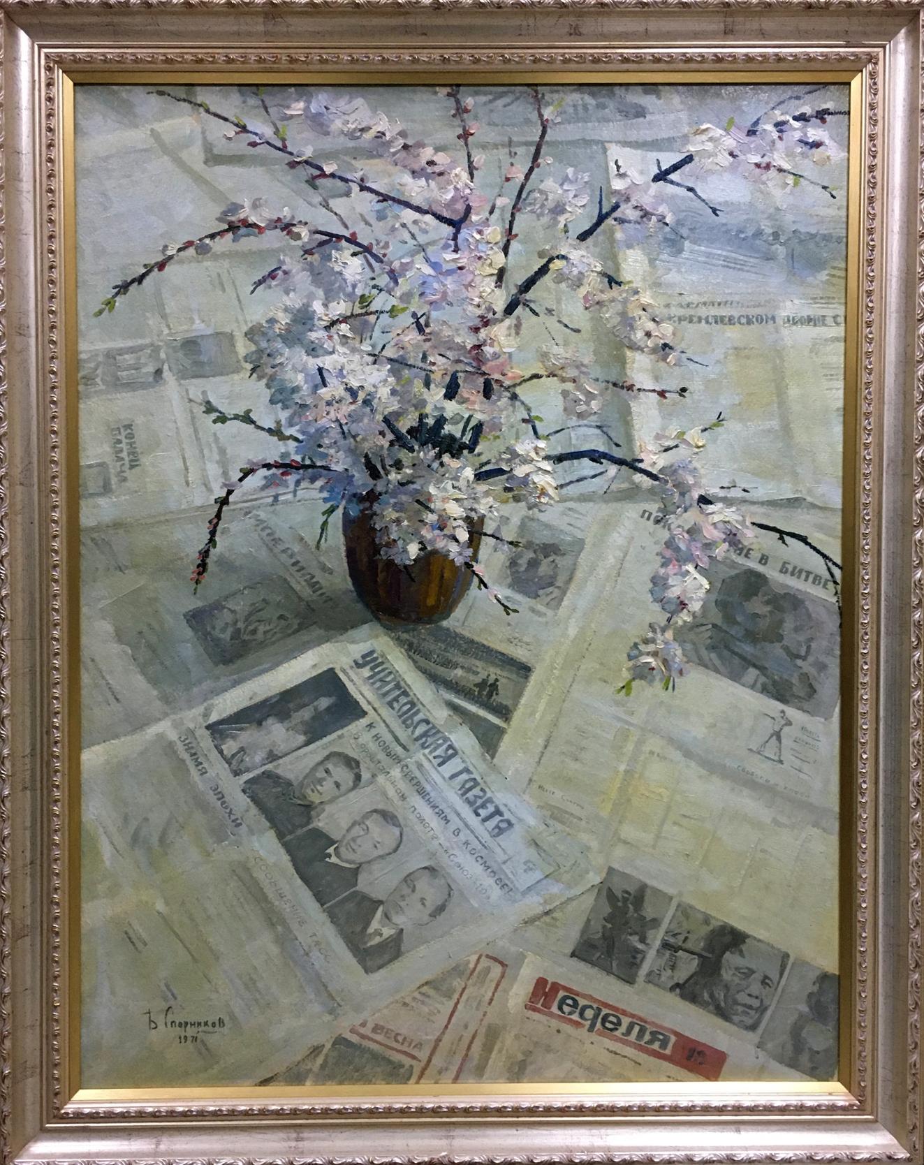 Oil painting by Spornikov Boris Alexandrovich: pale pink blossoms in brown vase on newspapers
