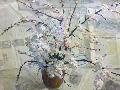 Oil painting by Spornikov Boris Alexandrovich: impressionistic vase of white and pink blossoms on dark branches