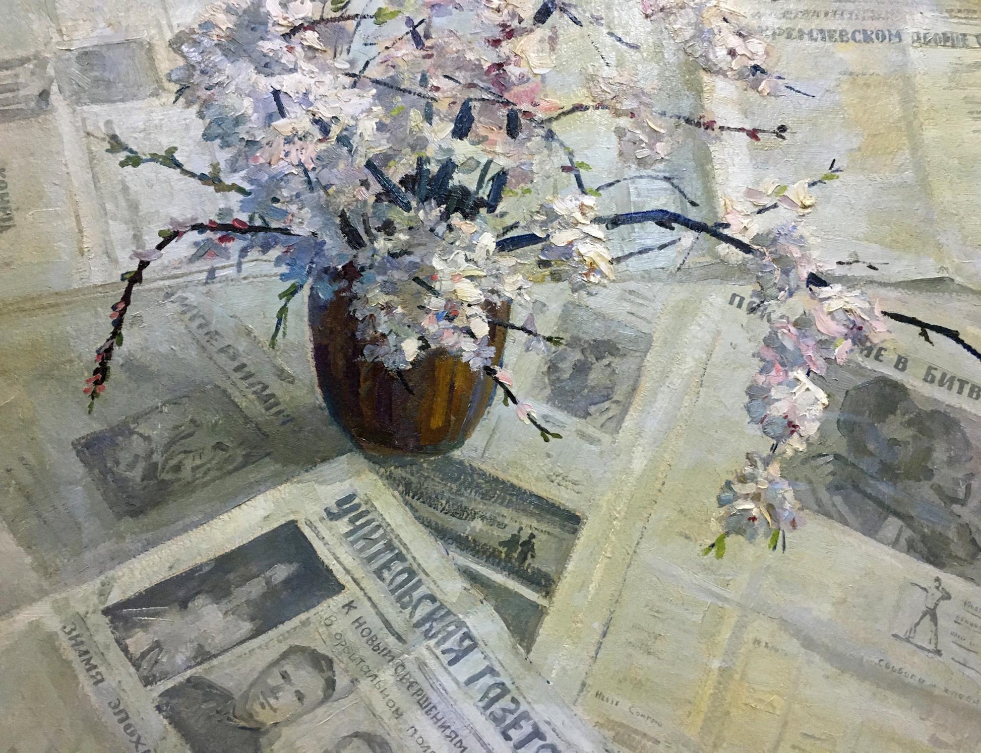 Oil painting by Spornikov Boris Alexandrovich of brown ceramic vase with pink white blossoms on table