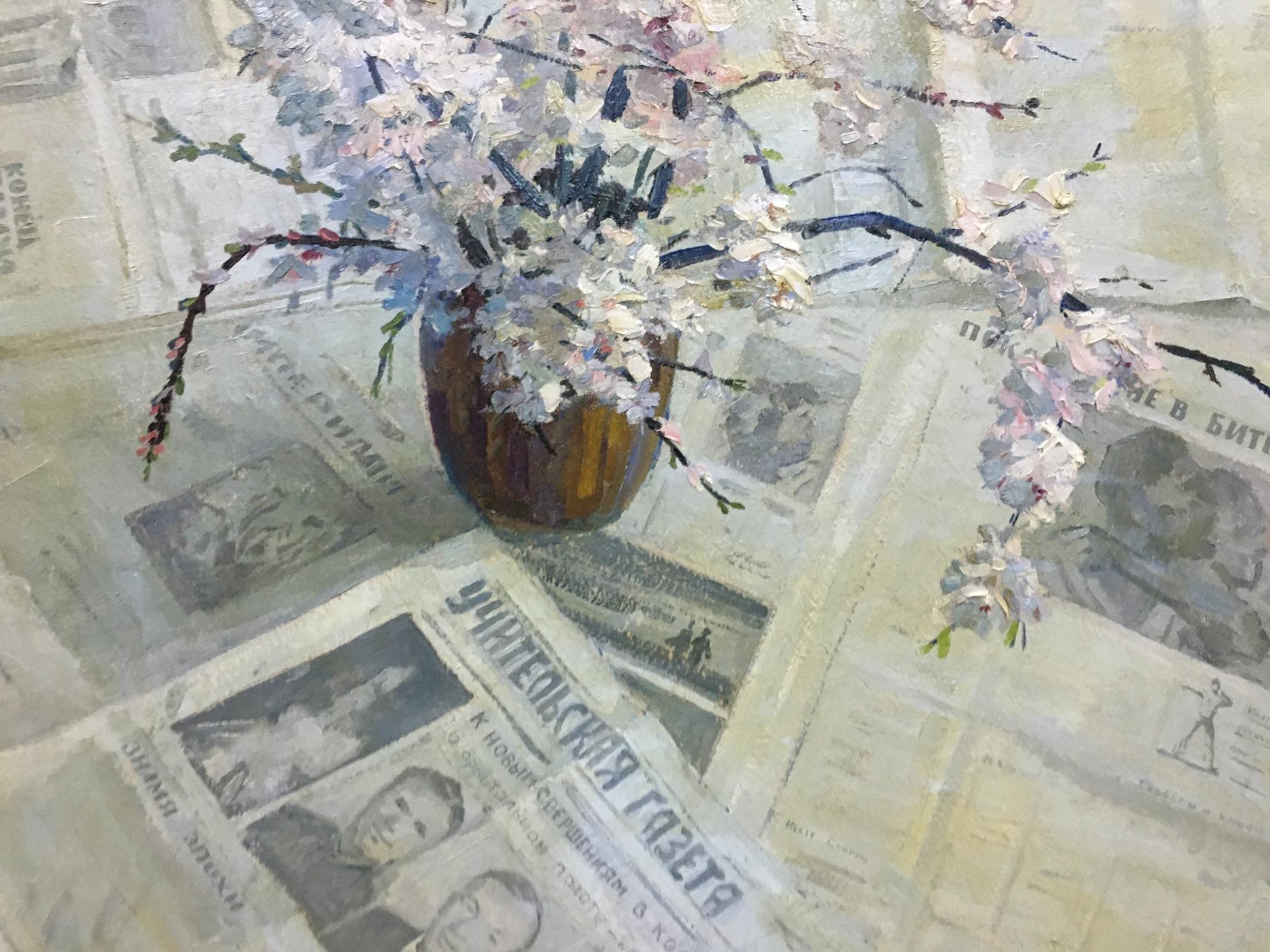 Oil painting of brown ceramic vase with pink white blossoms by Spornikov Boris Alexandrovich