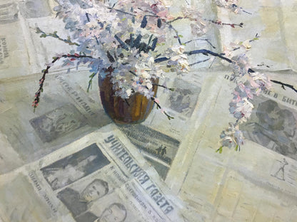 Oil painting of brown ceramic vase with pink white blossoms by Spornikov Boris Alexandrovich