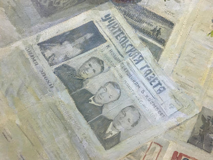 Back of Oil painting Flower on the table by Spornikov Boris Alexandrovich, textured off-white newspaper clipping with black-and-gray portraits and Cyrillic text