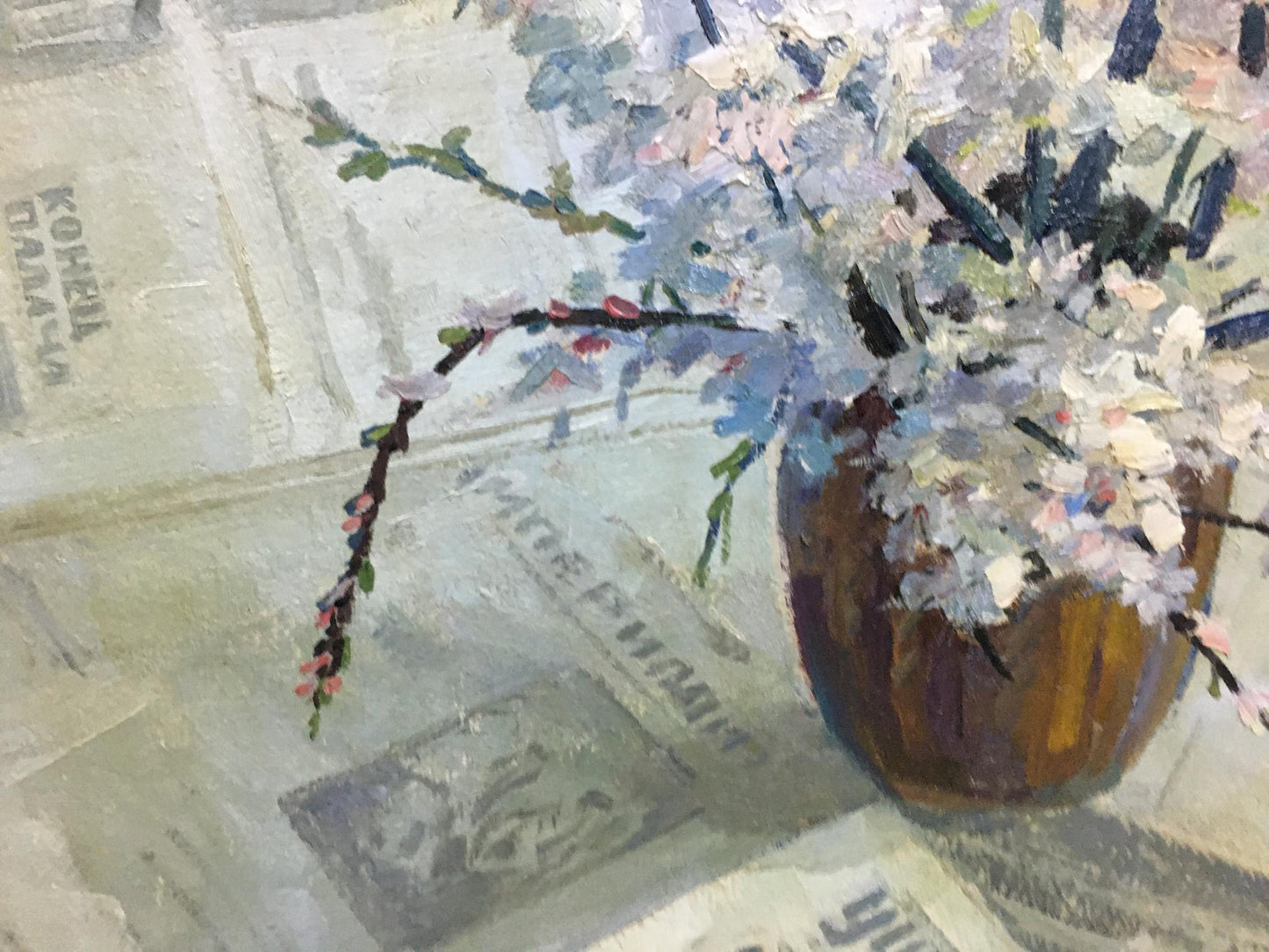 Oil painting by Spornikov Boris Alexandrovich of rustic brown ceramic vase with white and light blue blossoms on table
