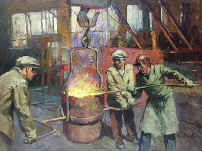 Oil painting of glowing molten metal crucible in foundry by Anatoly Nikitovich Yanev