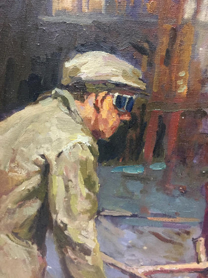 Textured oil painting metal sample of Anatoly Nikitovich Yanev man in profile