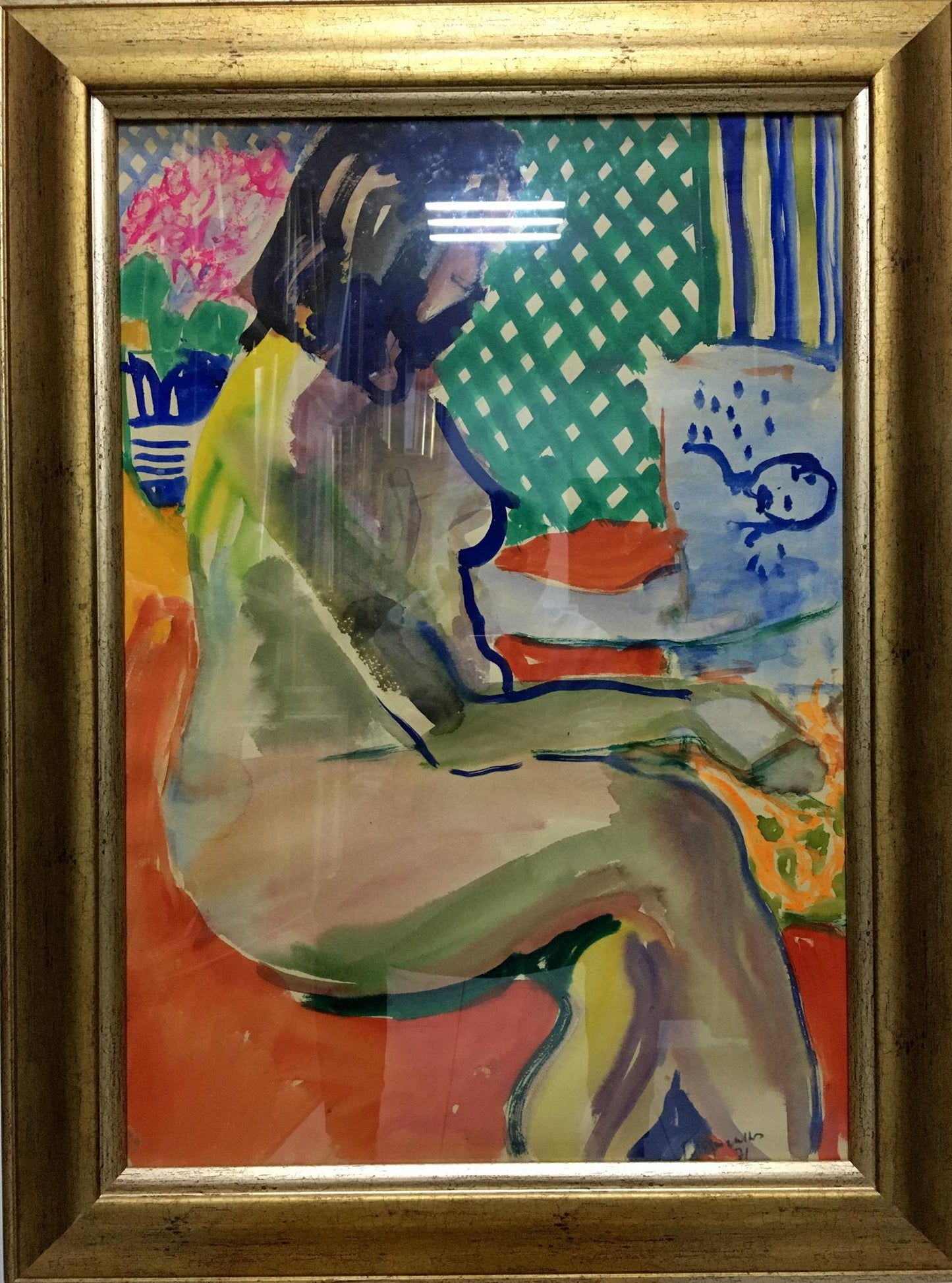 Vibrant watercolor portrait of girl by Glushchenko Nikolay Petrovich in gold frame