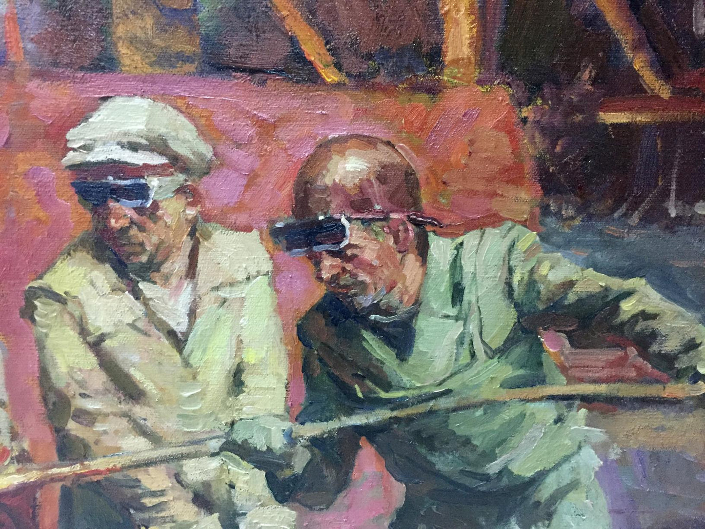 Textured oil painting metal sample by Anatoly Nikitovich Yanev: two men in work attire with goggles