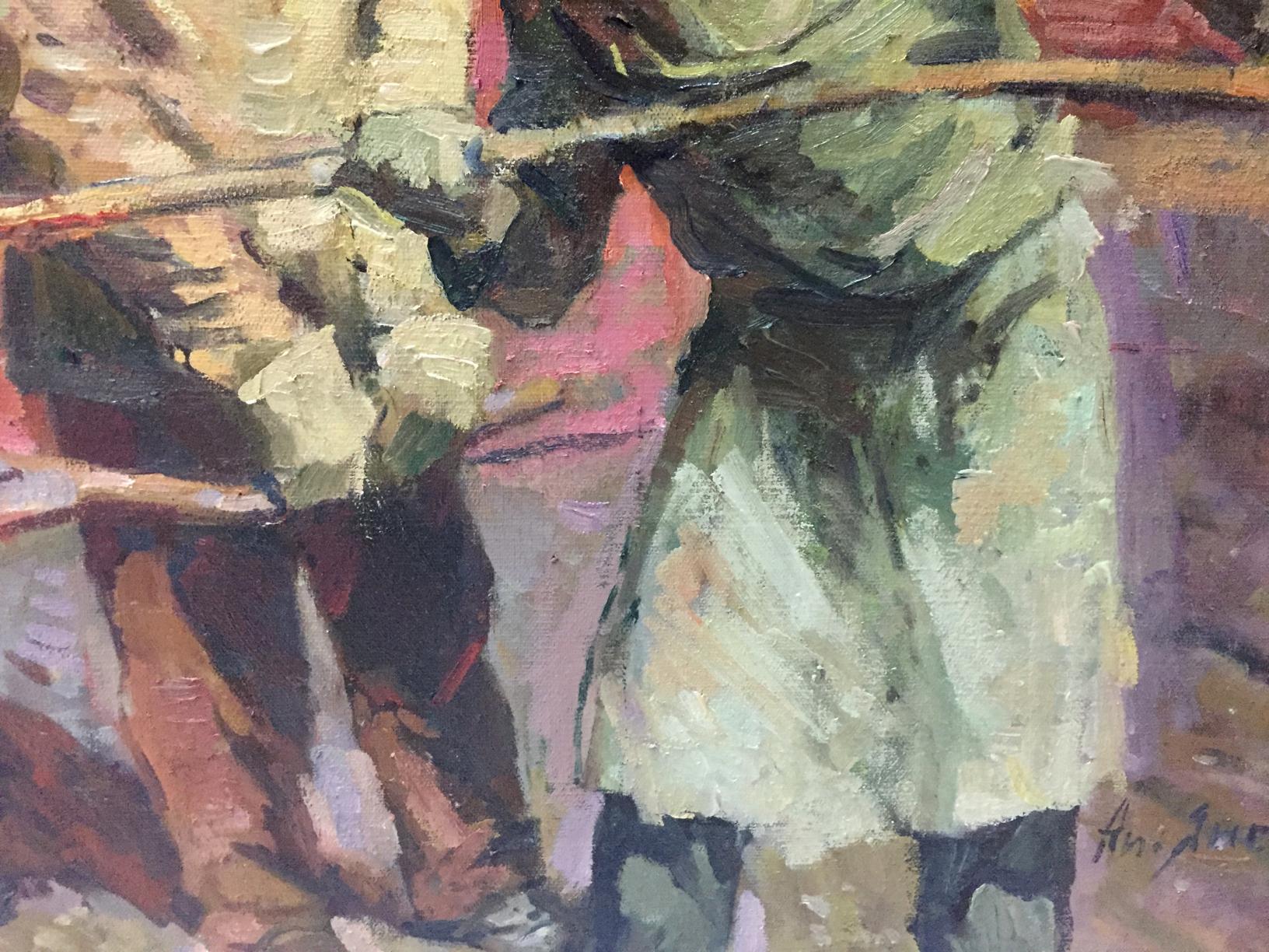 Textured oil painting metal sample by Anatoly Nikitovich Yanev in greens