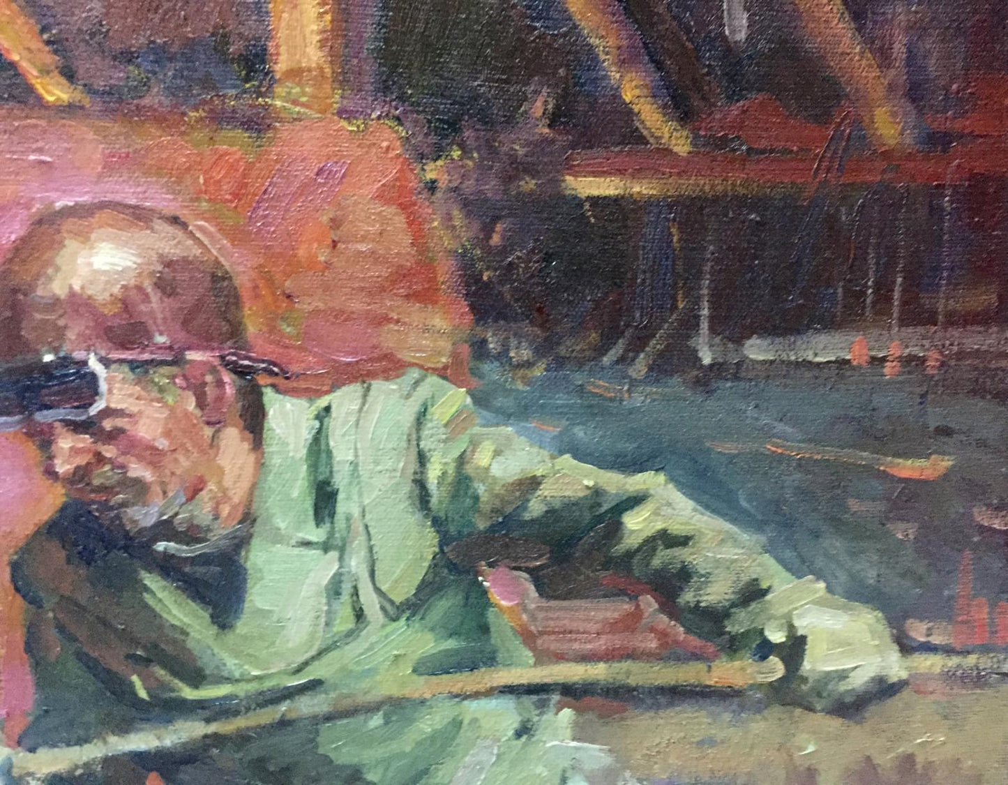 Oil painting metal sample of man in green jacket by Anatoly Nikitovich Yanev