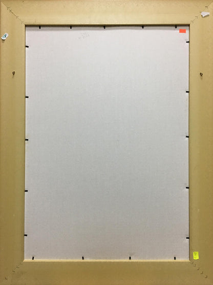 Back of watercolor portrait girl by Glushchenko Nikolay Petrovich in beige wooden frame with black fasteners and colored corner stickers