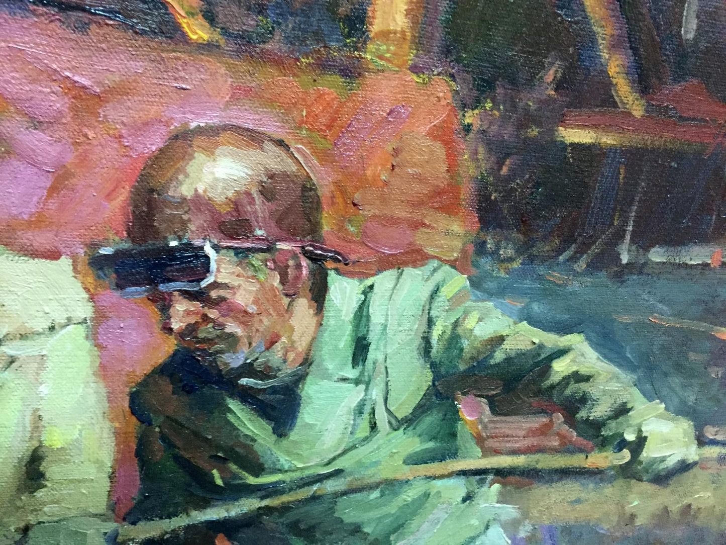 Oil painting metal sample by Anatoly Nikitovich Yanev: man in glasses, green shirt