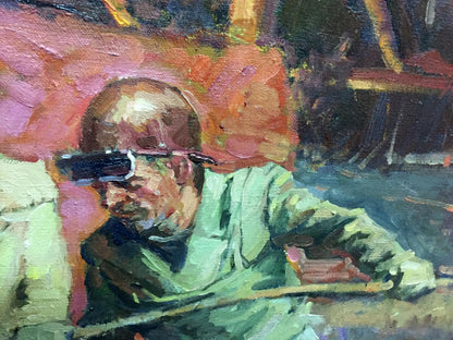 Oil painting metal sample by Anatoly Nikitovich Yanev: man in glasses, green shirt