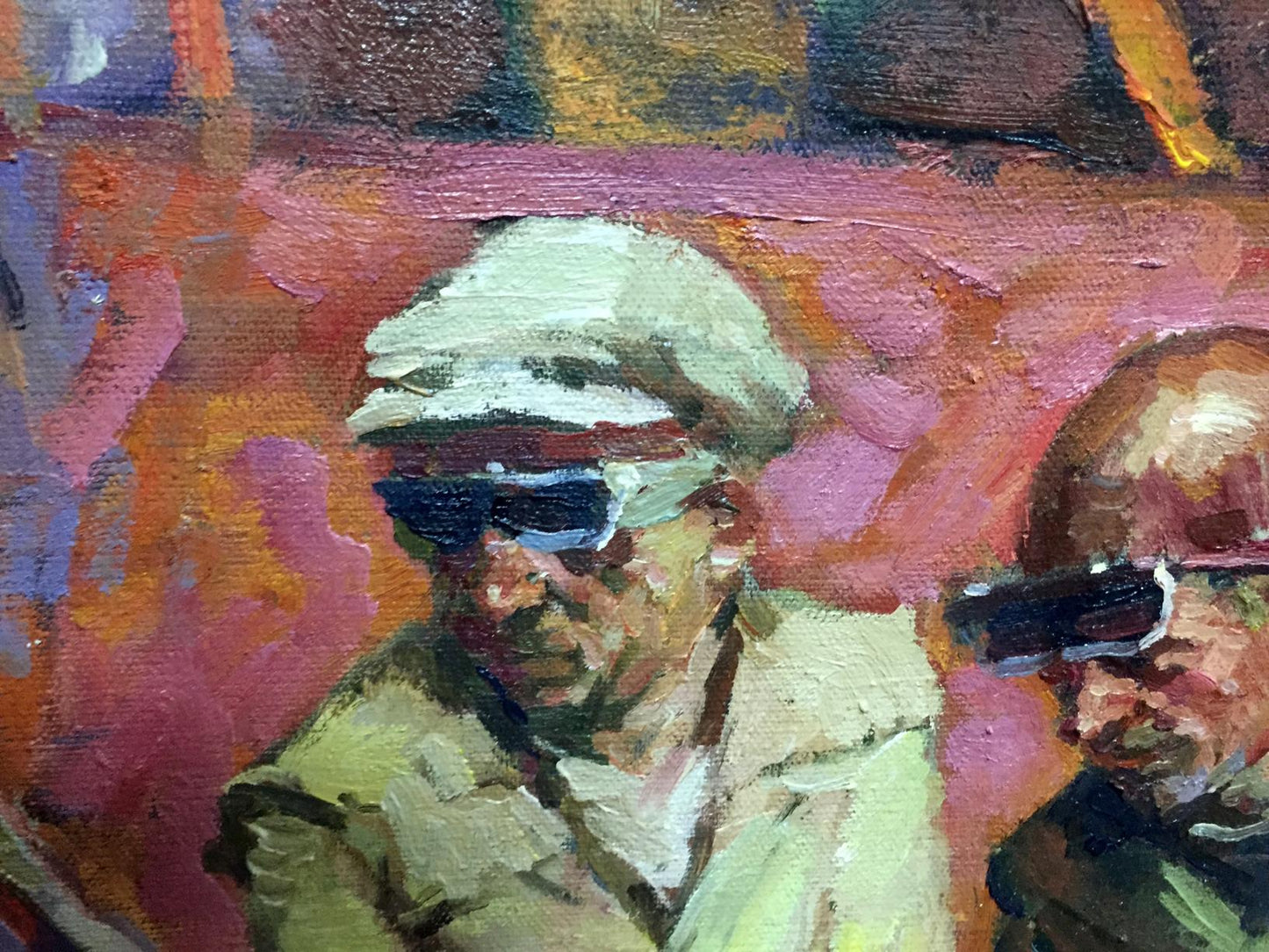 Impressionistic oil painting of man in cap and sunglasses by Anatoly Nikitovich Yanev on metal sample