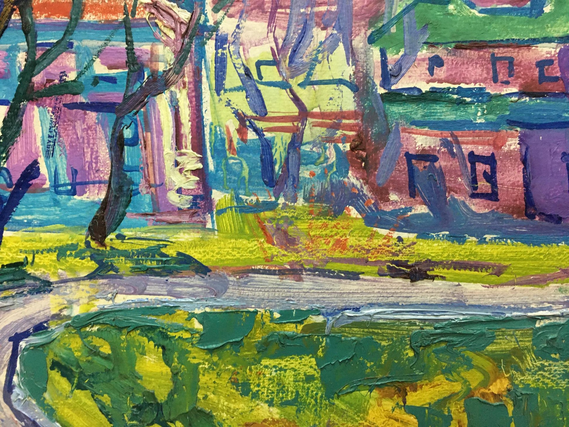 Vibrant oil painting by Glushchenko Alexander Nikolaevich: abstract landscape with church