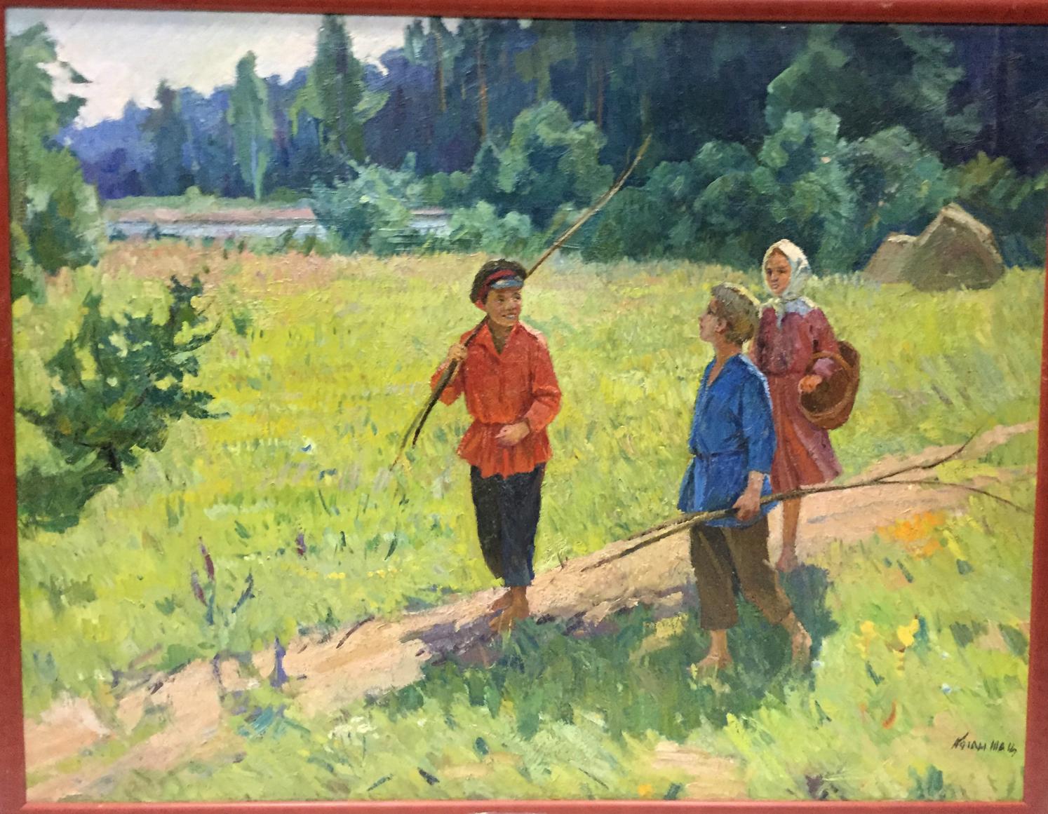 Oil painting To the Forest by Kogan-Shats Matviy Borysovych, three children in sunlit field